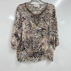 0232 Chico’s Animal Print Sheer Blouse | Embellished Neckline | 3/4 Sleeve Boho